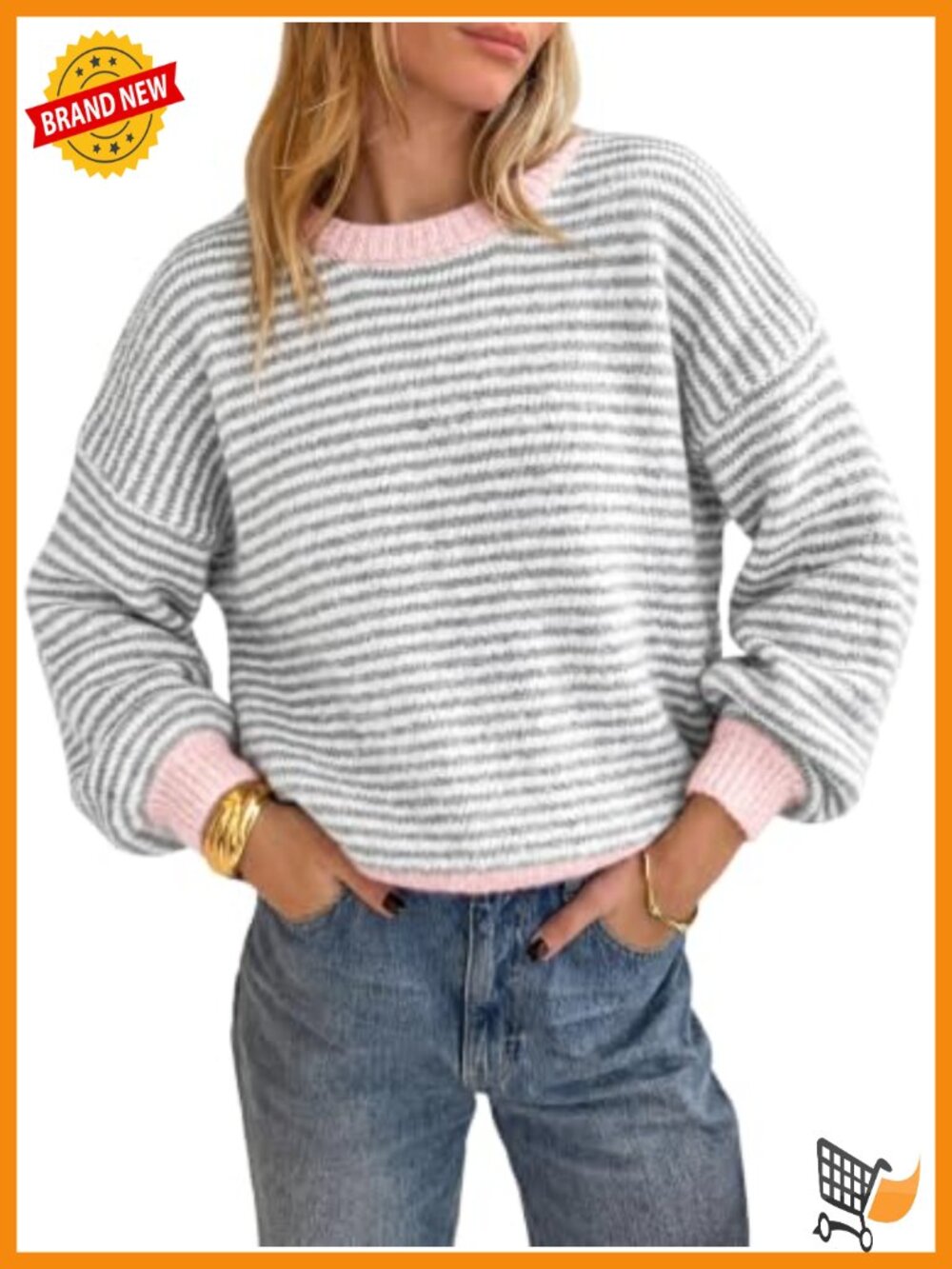 Striped Sweater Loose Fit Color Block Knit Pullover Tops Crewneck Long Sleeve